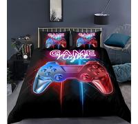 Tabeskly Boy Red Black Gaming Bedding Duvet Cover Set Double, Kids Gamepad Gamer Soft Zipper Childrens Full Bed 3 Piece Quilt Covers and Pillowcases 200×200cm