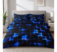 Tabeskly Boys Kids Geometric Square Bedding Geometry Lattice Double Duvet Cover Sets with Zipper Black Neon Blue 200x200 CM