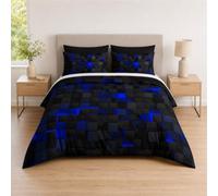 Tabeskly Boys Kids Geometric Square Bedding Geometry Lattice Double Duvet Cover Sets with Zipper Black Neon Blue 200x200 CM