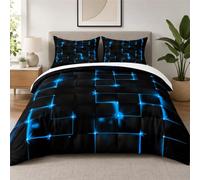 Tabeskly Boys Kids Geometric Square Bedding Geometry Lattice Double Duvet Cover Sets with Zipper Black Neon Blue 200x200 CM