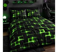Tabeskly Boys Kids Geometric Square Bedding Geometry Lattice Double Duvet Cover Sets with Zipper Black Neon Green 200x200 CM