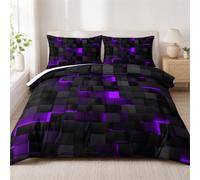 Tabeskly Boys Kids Geometric Square Bedding Geometry Lattice Double Duvet Cover Sets with Zipper Black Neon Purple 200x200 CM