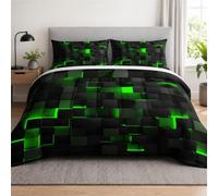 Tabeskly Boys Kids Geometric Square Bedding Geometry Lattice Single Duvet Cover Sets with Zipper Black Neon Green 135x200 CM