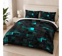 Tabeskly Boys Kids Geometric Square Bedding Geometry Lattice Single Duvet Cover Sets with Zipper Black Neon Blue 135x200 CM