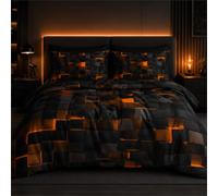 Tabeskly Boys Kids Geometric Square Bedding Geometry Lattice Single Duvet Cover Sets with Zipper Black Neon Orange 135x200 CM