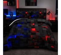 Tabeskly Boys Kids Geometric Square Bedding Geometry Lattice Single Duvet Cover Sets with Zipper Black Neon Red 135x200 CM