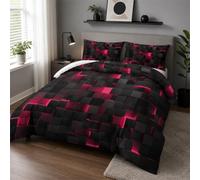 Tabeskly Boys Kids Geometric Square Bedding Geometry Lattice Single Duvet Cover Sets with Zipper Black Neon Pink 135x200 CM