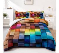 Tabeskly Boys Kids Geometric Square Bedding Geometry Lattice Single Duvet Cover Sets with Zipper Wood Grain 135x200 CM