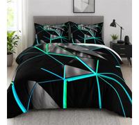 Tabeskly Boys Kids Geometric Triangle Bedding Geometry Triangular Polygonal Double Duvet Cover Sets with Zipper Black Neon Blue 200x200 CM