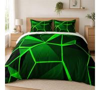 Tabeskly Boys Kids Geometric Triangle Bedding Geometry Triangular Polygonal Double Duvet Cover Sets with Zipper Black Neon Green 200x200 CM