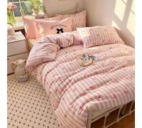 Tabeskly Girls Kids Striped Bow Tie Reversible Bedding Double Duvet Cover Sets Bed Zipper Pink White Red 200×200cm