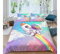 Tabeskly Kids Boy Astronaut Space Rocket Soft Zipper Bed Bedding Duvet Cover Set Single Multicolor 135×200cm