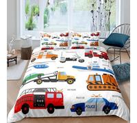 Tabeskly Kids Boy Car Digger Tractor Engineering vehicle Soft Zipper Bed Bedding Duvet Cover Set Single White 135×200cm
