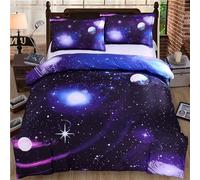 Tabeskly Kids Boy purple star space Bedding Duvet Cover Set Double, Starry Sky Soft Zipper Childrens Girls Full Bed 3 Piece Quilt Covers and Pillowcases Mildly Cosy Budget Bedclothes 200×200cm