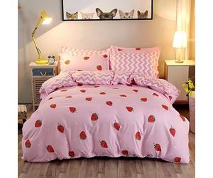 Tabeskly Kids Girls Bedding Set Single, Pink Strawberry Cute Soft Zipper Childrens Full Bed 3 Piece Cover Duvet Quilt Covers and Pillowcases - Small Mildly Cosy Budget Bedclothes 135×200cm