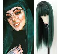 TaBeWay Silky Straight Synthetic Hair Wig Replacement Ombre Green Silk Base Heat Resistant for Fashion Women