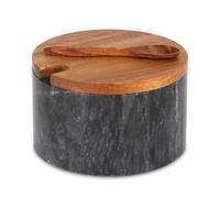 TABHOUKIT Marble Salt Cellar Box with Wood Lid Spoon, Modern White Stone Salt or Pepper Sugar Spice Seasoning Bowl Container Jar Holder Well Keeper Dish Pig Crock for Kitchen (Dark Gery Bowl)