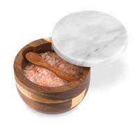 TABHOUKIT Marble Salt Cellar Box with Wood Lid Spoon, Modern White Stone Salt or Pepper Sugar Spice Seasoning Bowl Container Jar Holder Well Keeper Dish Pig Crock for Kitchen (White Lid)