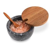 TABHOUKIT Marble Salt Cellar Box with Wood Lid Spoon, Modern White Stone Salt or Pepper Sugar Spice Seasoning Bowl Container Jar Holder Well Keeper Dish Pig Crock for Kitchen (Black Bowl)