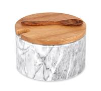 TABHOUKIT Marble Salt Cellar Box with Wood Lid Spoon, Modern White Stone Salt or Pepper Sugar Spice Seasoning Bowl Container Jar Holder Well Keeper Dish Pig Crock for Kitchen (Light Grey Bowl)