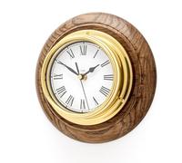 Tabic Classic Brass Roman Clock on an English Oak wall Mount, Heavy Lacquered Brass Case (1/2kg), Ships Sailing Boat Clock, Handmade in England