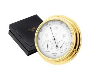 Tabic Handcrafted Brass Barometer with Built-In Hygrometer, Thermometer and Nautical Clock - Sailing Ship Yacht, Marine Coastal Decor - Lacquered Brass (1/2 kg) - Temperature and Humidity Reading