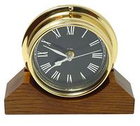 Tabic Handmade Solid Brass Roman Clock Mounted on an English Oak Mantel/Display Mount, with jet black mirrored aluminium dial