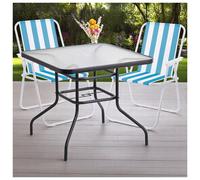 (Table + 2 White/Blue Stripe Chairs) Garden Square Glass Table & Folding Chairs Set Metal Outdoor Patio Parasol Hole