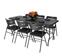 (Table & 6 Chairs Set - Black Wood) Heavy-Duty Picnic Folding Table Beer Bench Garden Folding Chair Portable Furniture Set