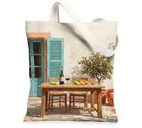 Table Canvas Tote Bag for Women, Mediterranean Rustic Wine Oranges Summer Green Washable Reusable Graphic Tote Bag Ideas for Travel Work Shopping Bookstore 13x15 Inch