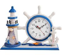 Table Clock,desktop Clock,mediterranean Ocean Style Silent Table Clock,quiet Sweep Movement Desktop Ornament For Living Room Home Decor Blue, White Left Lighthouse