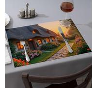 Table Cloth A Cozy Cottage With A Thatched Roof, Surrounded By Vibrant Flowers And Bathed Dining Place Mats Wipeable Placemats Golden Girls Gifts(1PCS)