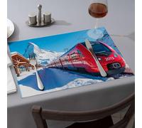 Table Cloth A Red Train On Snowy Tracks With Mountains In The Background Dining Place Mats Wipeable Placemats Golden Girls Gifts(6PCS)