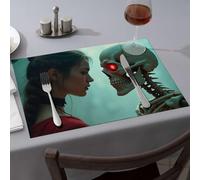 Table Cloth A Woman Gazes Into The Eye Of A Skeletal Figure With A Red Light Dining Place Mats Wipeable Placemats Golden Girls Gifts(1PCS)