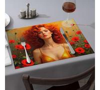 Table Cloth A Woman With Fiery Red Hair Stands Amidst Vibrant Red Poppies Dining Place Mats Wipeable Placemats Golden Girls Gifts(1PCS)