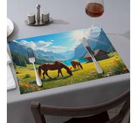Table Cloth Horses Graze in A Meadow with Mountains and A Cabin Dining Place Mats Silicone Mats for Kitchen Counter Kitchen and Dini(6PCS)