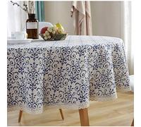 Table Cloth Round Wipeable Dust-Proof, Treer Cotton Linen Circular Tablecloth with Lace Blue & White Porcelain Pattern Table Cover for Kitchen Dining Room Party Indoor Outdoor (Blue,Diameter 100cm)
