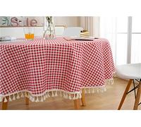 Table Cloth Round Wipeable Dust-Proof, Treer Cotton Linen Circular Tablecloth with Tassel Simple Geometric Nordic Table Cover for Kitchen Dining Room Party Indoor Outdoor (Red,Diameter 120cm)