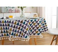 Table Cloth Round Wipeable Dust-Proof, Treer Cotton Linen Circular Tablecloth with Tassel Simple Geometric Nordic Table Cover for Kitchen Dining Room Party Indoor Outdoor (Blue,Diameter 120cm)