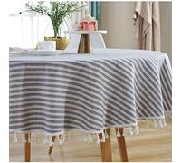 Table Cloth Round Wipeable Dust-Proof, Treer Cotton Linen Circular Tablecloth with Tassel Simple Stripe Nordic Table Cover for Kitchen Dining Room Party Indoor Outdoor (Blue,Diameter 100cm)