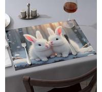 Table Cloth Two Adorable White Rabbits In Winter Wonderland Dining Place Mats Modern Farmhouse Decor Premium Kitchen & Dining(1PCS)