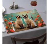 Table Cloth Two Siamese Cats Sitting Among Colorful Flowers Dining Place Mats Wipeable Placemats Golden Girls Gifts(4PCS)