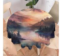 Table Cloth Vintage Mountain Lake Watercolor Trees Beautiful Sunset Table Cloths Dust-Proof Tablecloth For Kitchen Indoor Garden 152Cm