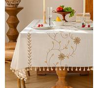 Table Cloths Rectangle, Rectangular Tablecloths, 140X260Cm Faux Linen Waterproof Table Cloth Wipe Clean Tassel Table Cover Daisy Flower Embroidery Dining Table Cover For Kitchen Outdoor Gard