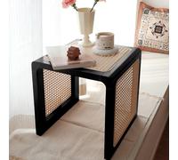 Table d'appoint carrée en bois massif et rotin, style bohème, idéale pour les petits espaces. Table de chevet idéale pour le salon, la chambre ou le couloir.