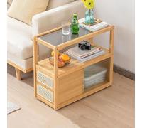 Table de chevet en rotin avec tiroir et étagère ouverte, table de chevet en bambou, plateau en verre pour petits espaces - Idéale pour le salon ou la chambre