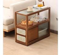 Table de chevet en rotin avec tiroir et étagère ouverte, table de chevet en bambou, plateau en verre pour petits espaces - Idéale pour le salon ou la chambre