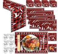 Table Decoration Christmas Table Runner and Placemats Set for 6 People, Festive Holiday Party Wedding Dining Decor with 1 Table Runner, 6 Placemats, 6 Napkin Rings, 12 Coasters