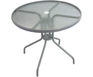 Table for Tresco 6-Piece Garden Furniture Set: Grey Powder-Coated Steel Table with Glass Top, Parasol Hole, 70x80x80 cm
