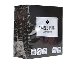 Table Fun 100 x Soft Black Paper Napkins, Disposable Black Party Serviettes for Birthday, Halloween, Weddings, Wakes, Catering, Businesses, Everyday Tableware, Recyclable Made in EU, 2ply 33cm